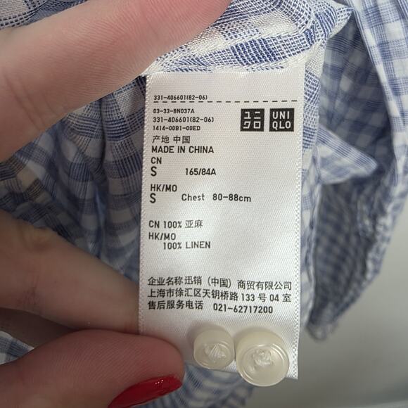 Uniqlo Blue White Gingham 100% Linen Button Up Coastal Long Sleeve Shirt Size S - Picture 5 of 7